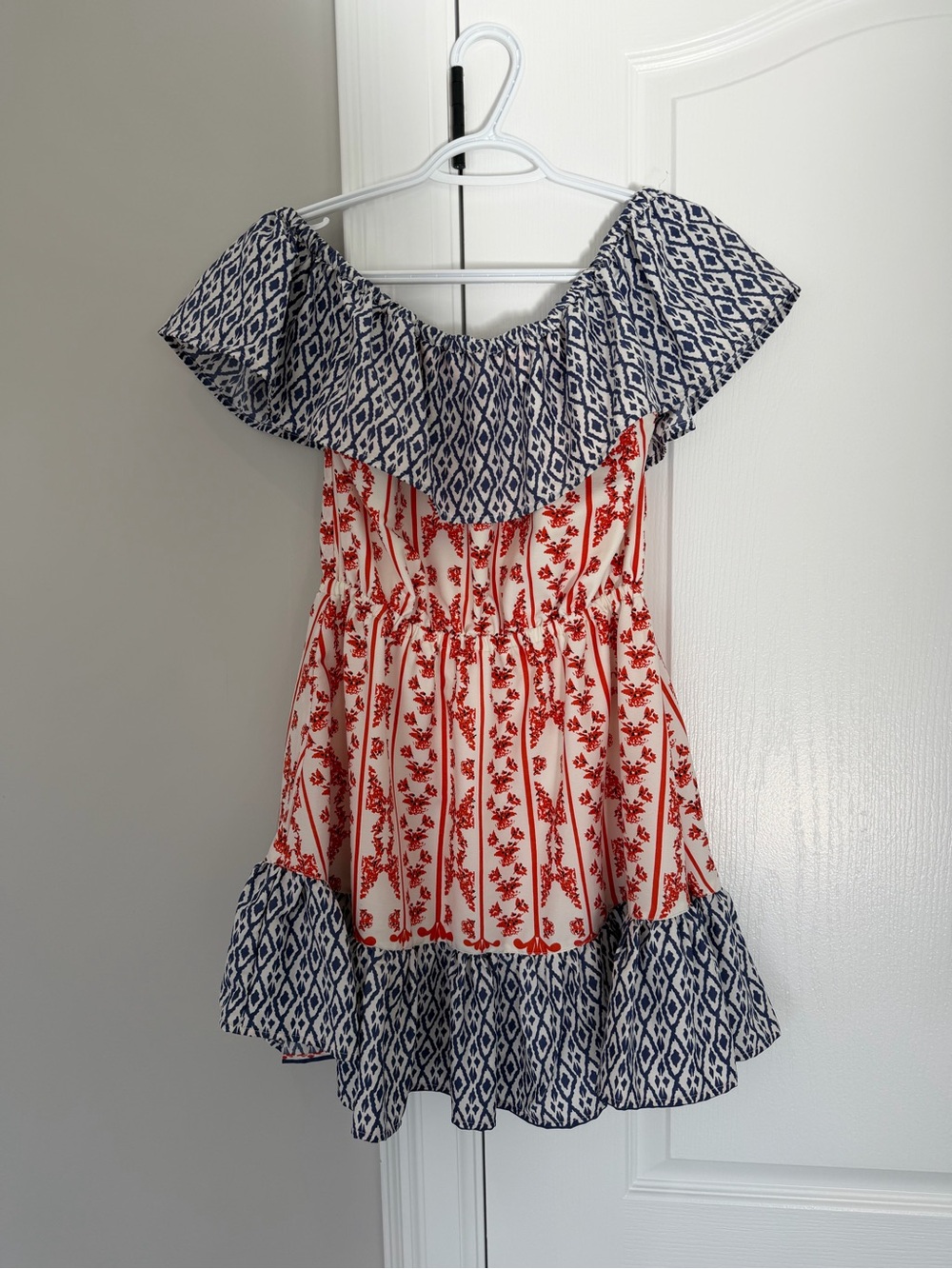 Tularosa Girls Red and Navy Off-Shoulder Floral Dress